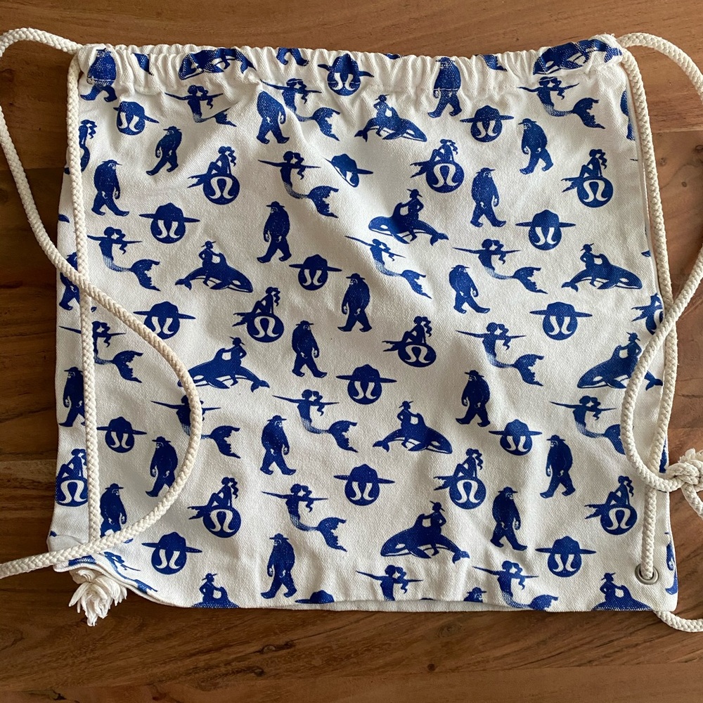 lululemon athletica White and Blue Drawstring Backpack